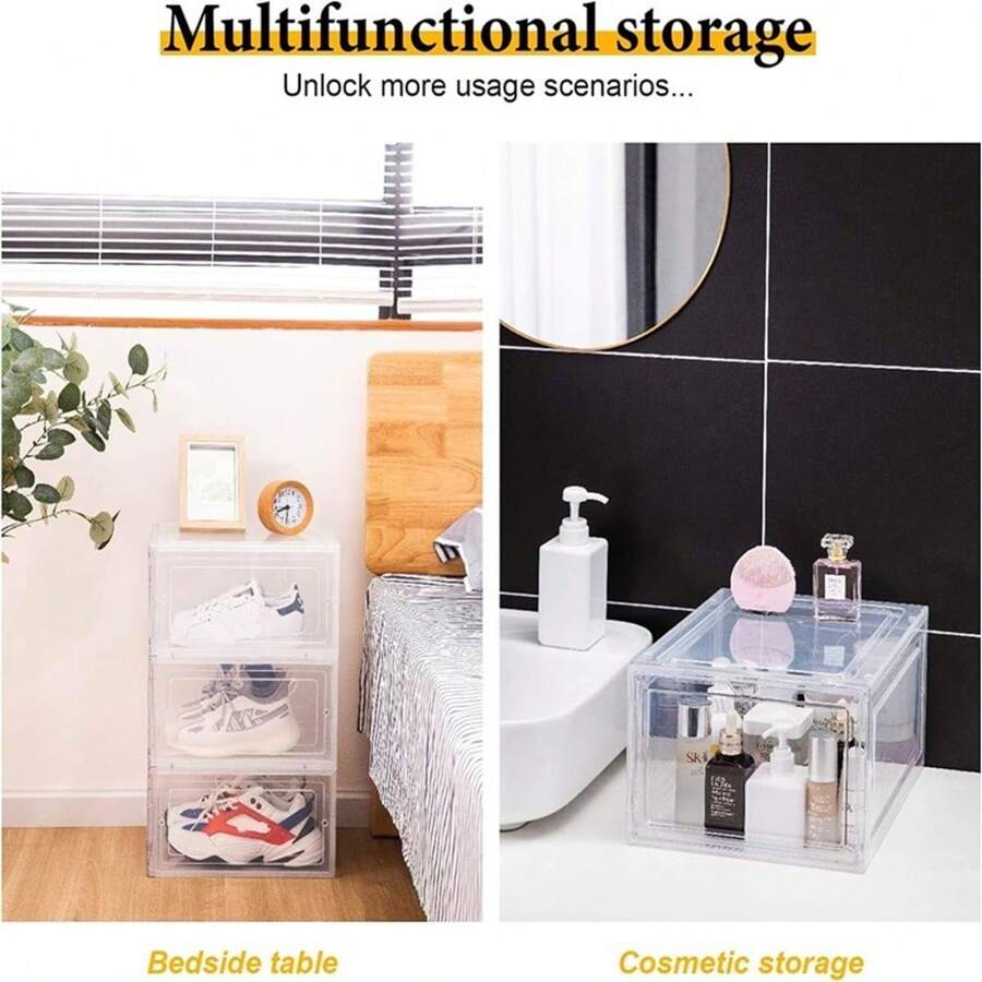 6pcs Clear Shoe Box, Stackable Plastic Shoe Box, Thickened Sturdy Shoe Box With Magnetic Door, Front Loading Shoe Box For Displaying Sneakers - Black - View 1