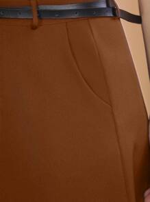 We Store Long Monochromatic Tailored Skirt With Black Belt/Button Details/Stripped/Trend/Look/Everyday/Summer/Elegant/Casual/Stylish/2024 Collection - Cà phê nâu - Xem 5