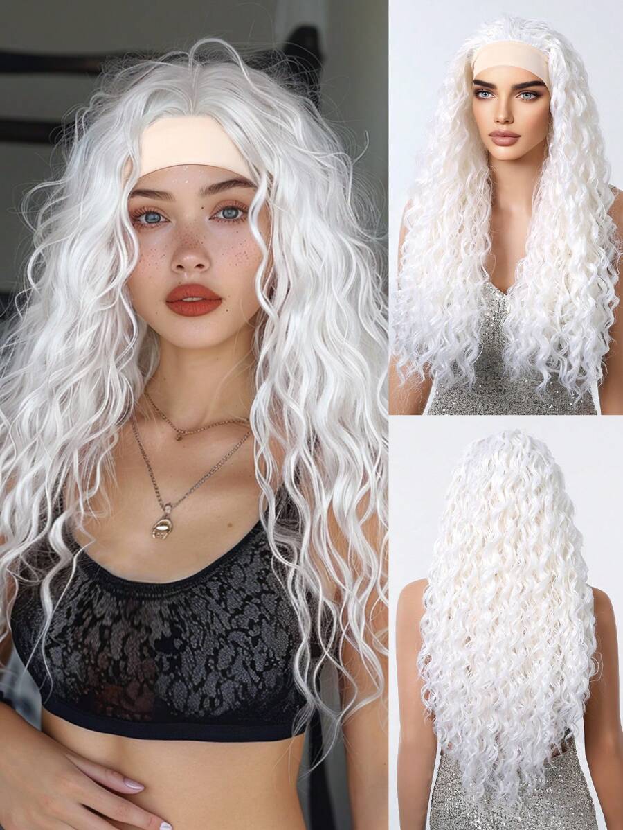 26 "Curly Hair Band Female Wig Wavy Black Wig With Headband Synthetic Woven Chemical Fiber Long Curly Hair Wig For Everyday Use And Halloween, Cosplay, Christmas, Fashion Girls. - 白色 - 查看 1
