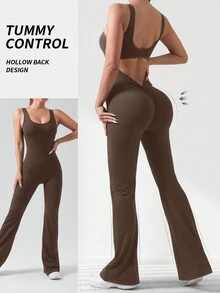 女式运动喇叭裤，高弹力运动裤，性感露背健身紧身紧身瑜伽连体裤塑身裤 - 咖啡棕 - 查看 3