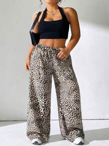 Plus Size Leopard Print Lace-Up Front Loose Casual Long Pants - Multicolor - View 1