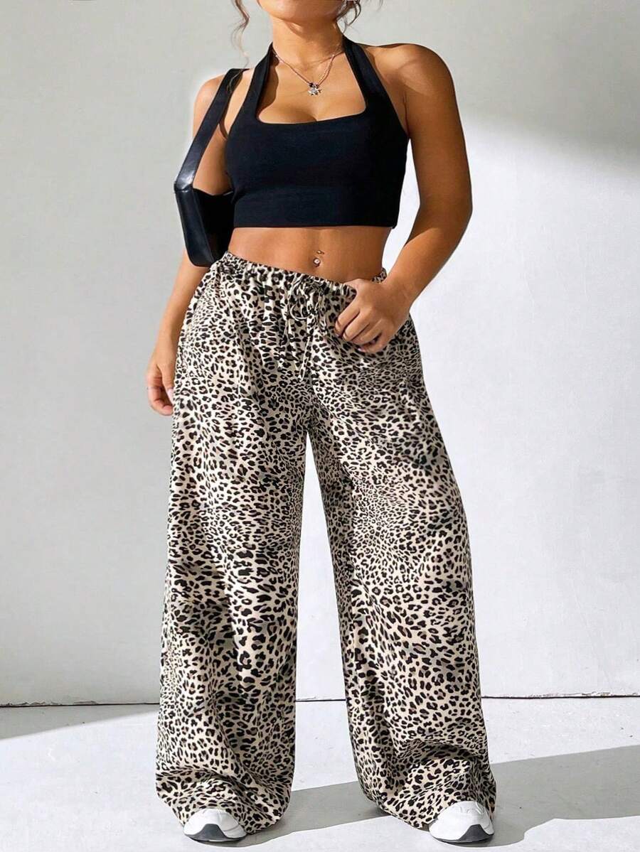 Plus Size Leopard Print Lace-Up Front Loose Casual Long Pants - Multicolor - View 1