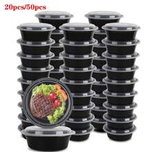 50pcs Disposable Food Containers/Reusable Meal Prep Containers, Microwave Safe Food Storage Containers, 28oz Round Disposable Plastic Bento Lunch Boxes With Lids | For Food Preparation, Enjoy Anytime Anywhere | Disposable Lunch Boxes, Plastic Containers - Stackable, Freezer & Dishwasher Safe, Round Black Plastic Bowls, Suitable For Packing Fruits/Veggies/Food - Perfect For Outdoor Picnic/Camping/Team Building/Party , For Halloween Or Christmas Party