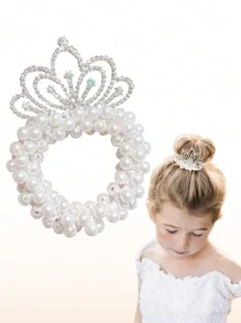 1 dây buộc tóc cho bé gái, dây buộc tóc đính hạt ngọc trai kèm vương miện, dây buộc tóc, dây thun Hari, dây buộc tóc đuôi ngựa, phụ kiện tóc cho công chúa, vương miện pha lê sáng bóng - trắng - Xem 2