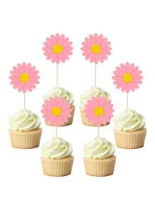 24 PIÈCES Décorations de gâteau en forme de Marguerite rose, fleur Toppers de gâteau, Cure-dents picks pour fête, décoration de baptême, baby shower, anniversaire, Noël