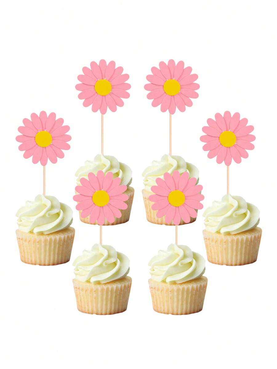 24PCS Pink Daisy Party Cupcake Toppers,Flower Design Cake Topper,Daisy