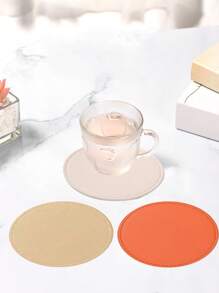 1pc Thick PU Leather Round Coaster, Reverse Both Sides Useable, Anti-Slip Anti-Water Reusable Heatproof Drink Cup Mat - Multicolor - View 3