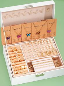 104pcs/Set Elegant Butterfly Necklace, Ring, Bracelet, Zirconia Stud Earrings & Drop Earrings 5-In-1 Jewelry Set, Gift For Girls/Women(No Box)