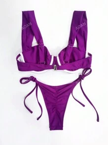 New Solid Color Soft Cup Steel Wide Strap Buckle-Back Bikini Set, Summer Beach Folded Tie-Front Pants Sexy Ladies Swimming Suit Set
