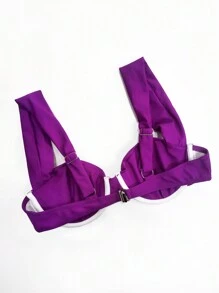 New Solid Color Soft Cup Steel Wide Strap Buckle-Back Bikini Set, Summer Beach Folded Tie-Front Pants Sexy Ladies Swimming Suit Set Vacation - Purple - View 4