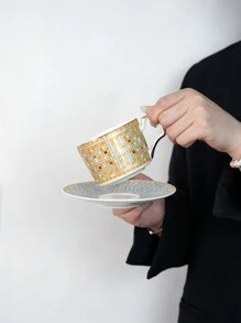 1 套中世纪建筑陶瓷杯碟，情人节的完美礼物，豪华骨瓷咖啡杯碟套装，适合下午茶时间，是伴侣学校用品返校的理想礼物 - 彩色 - 查看 3