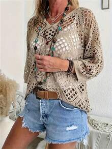 Cut Out Batwing Sleeve Sweater - Khaki - View 3