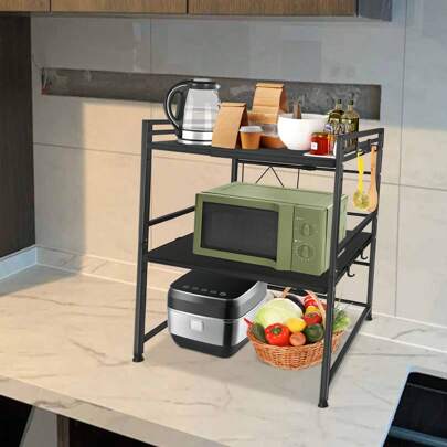 VA-Cerulean 3 Tier Microwave Shelf Expandable Microwave Stand Kitchen Shelf Metal Microwave Holder With 8 Hooks For Kitchen