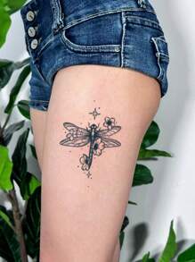 1pc Waterproof Temporary Tattoo Sticker, Minimalist Dragonfly Design, Suitable For Hands/Legs Daily Use, Unisex - Grey - View 3