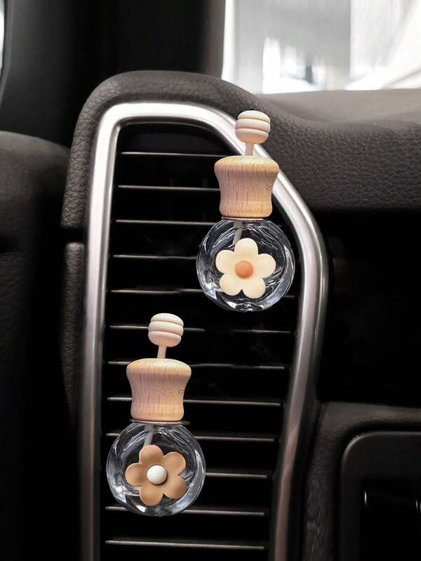 مجموعة زجاجتين عطر فارغتين مزينتين بزهرة ذات 5 بتلات، حامل موزع عطر لفتحة تهوية السيارة، زينة زجاجة الزيوت الأساسية (العطر غير مضمن)