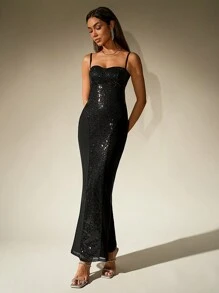 Backless Cut Out Mermaid Hem Sequin Bodycon Cami Women Cocktail Dress - Black - View 1