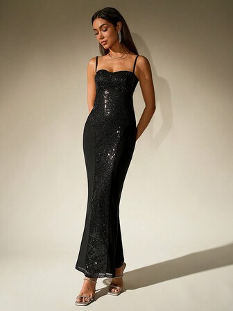 Backless Cut Out Mermaid Hem Sequin Bodycon Cami Women Cocktail Dress