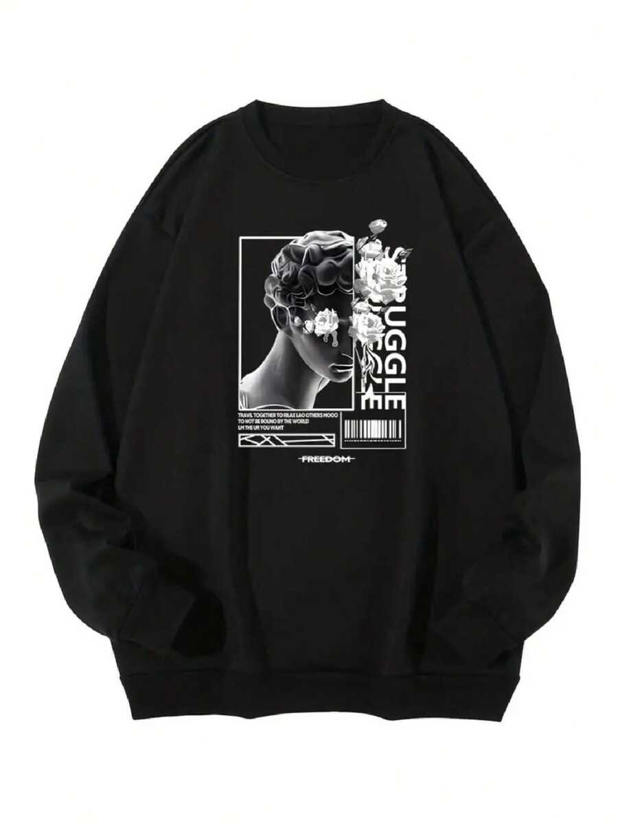 Bald Bust Struggle Sweatshirt (FRONT) Round Collar Men's Women's Flannel Coat Unisex Cold Winter Cotton Blouse - màu đen - Xem 1