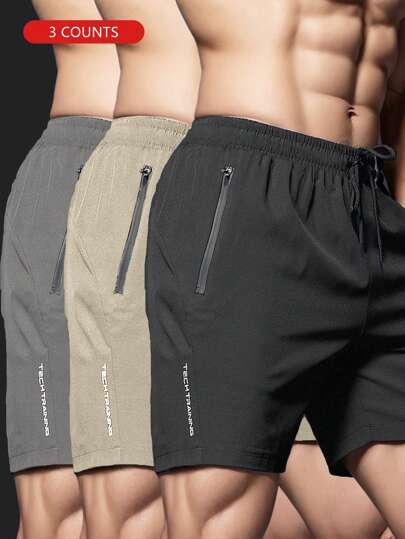 Boyfriend Style Men's Summer Outdoor Black + Light Grey + Dark Grey + Khaki + Green Sports Shorts, Zipper Pockets, Cooling Breathable Quick-Dry, Drawstring Design, Letter Print, Suitable For Outdoor Fitness, Running, Marathon, Sports, Climbing, Hiking