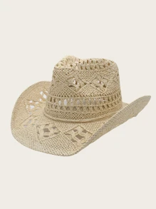 1 pieza Sombrero de paja estilo occidental vaquero hueco vintage elegante casual bohemio a cuadros unisex, sombrero de Panamá de protección solar de verano, sombrero de vaquera