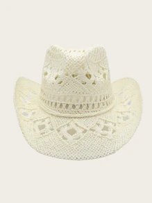 1 pieza Sombrero de paja estilo occidental vaquero hueco vintage elegante casual bohemio a cuadros unisex, sombrero de Panamá de protección solar de verano, sombrero de vaquera
