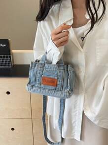 KVKY 1قطعة حقيبة كتف جينز صغيرة أنيقة، زخرفة رقعة حرفية، حقيبة كتف قابلة للتحويل، حقيبة كروس نسائية خفيفة الوزن متعددة الاستخدامات