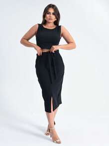 Women's Cropped Set And Crepe Mesh Midi Skirt - Tối tăm - Xem 1