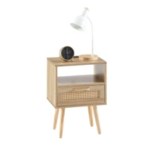 15.75" Rattan End Table With Power Outlet & USB Ports , Modern Nightstand With Drawer And Solid Wood Legs, Side Table For Living Room, Bedroom - 棕色 - 查看 4