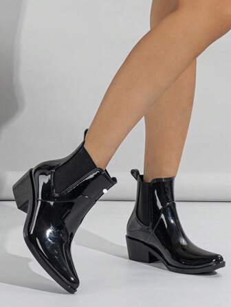 4-Season Fashion Soft PVC Waterproof Anti-Slip Warm Chelsea Boots For Women, Thick Sole Thick Heel Mid-Calf Rubber Rain Boots With Hoodie Pairing