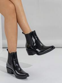 四季时尚柔软 PVC 防水防滑保暖切尔西靴，厚底厚跟中筒橡胶雨靴，可搭配连帽衫 - 高雅尖頭黑色 - 查看 2