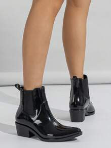 四季时尚柔软 PVC 防水防滑保暖切尔西靴，厚底厚跟中筒橡胶雨靴，可搭配连帽衫 - 高雅尖頭黑色 - 查看 4