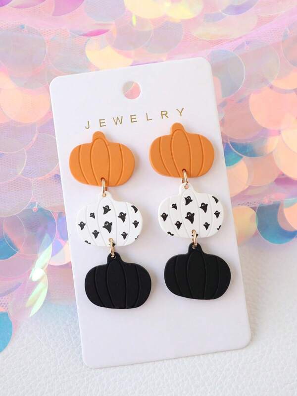 1 Pair Cute Halloween Pumpkin & Ghost Print Acrylic Soft Clay Earrings, Fun Party Costume Earrings, Holiday Gift