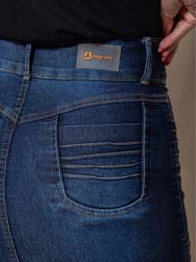 Evangelical Fashion Women's Jeans Skirt With Spandex Pleated Details On The Front - 深色水洗藍 - 查看 8