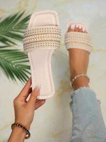 Women's Large Size 2024 New Fashion Flat Sandals, Slip-On Slides With Faux Pearl Decor, Wide Fit Open Toe Summer Beach Slippers