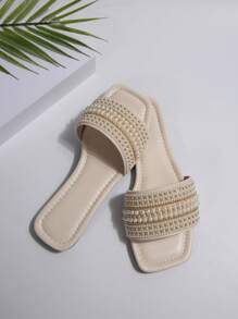 Women's Large Size 2024 New Fashion Flat Sandals, Slip-On Slides With Faux Pearl Decor, Wide Fit Open Toe Summer Beach Slippers