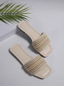 Women's Large Size 2024 New Fashion Flat Sandals, Slip-On Slides With Faux Pearl Decor, Wide Fit Open Toe Summer Beach Slippers