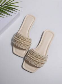 Women's Large Size 2024 New Fashion Flat Sandals, Slip-On Slides With Faux Pearl Decor, Wide Fit Open Toe Summer Beach Slippers