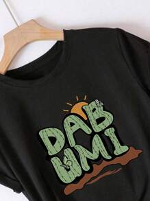 RWDSDWT Camiseta Casual Suelta de Mujer Estampada con el Alfabeto en forma de Cactus y el Sol Estampado Camisa de Verano - Negro - Ver 4