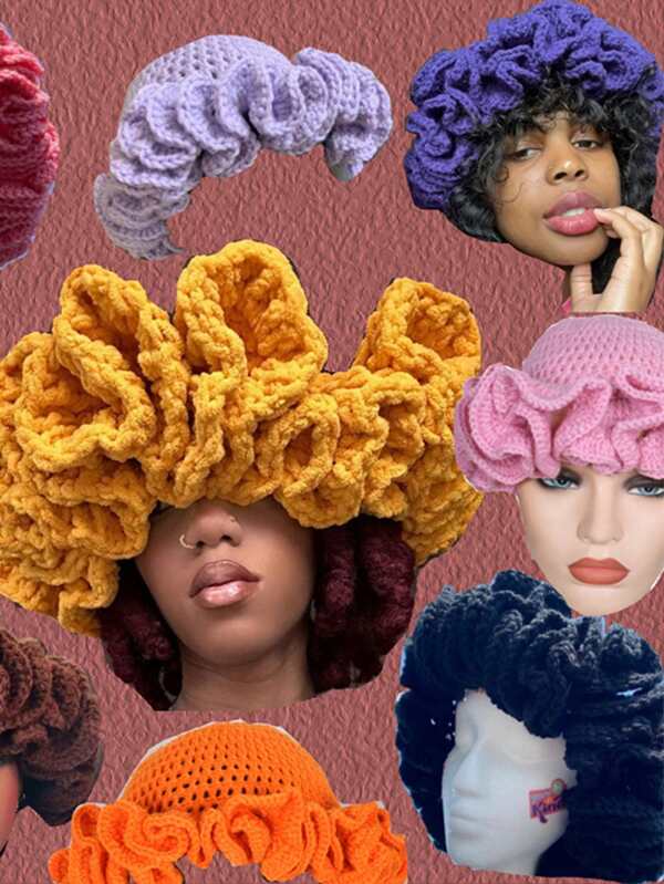 1 pieza Gorro de mujer de punto a mano con volantes en onda, sombrero casual de punto hecho a mano sin plumas para Halloween