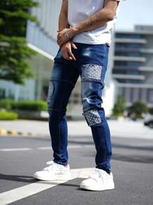 Men's Casual Water-Washed Distressed Five-Pointed Star Patchwork Skinny Jeans - Dark Wash - View 3