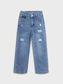 Denim für Kleine Mädchen mit mehrfach Abnutzung und Rissen, Streetstyle, verstellbarer elastischer Bund, Weitbein Hose, locker geschnitten, lässige Denim Hose