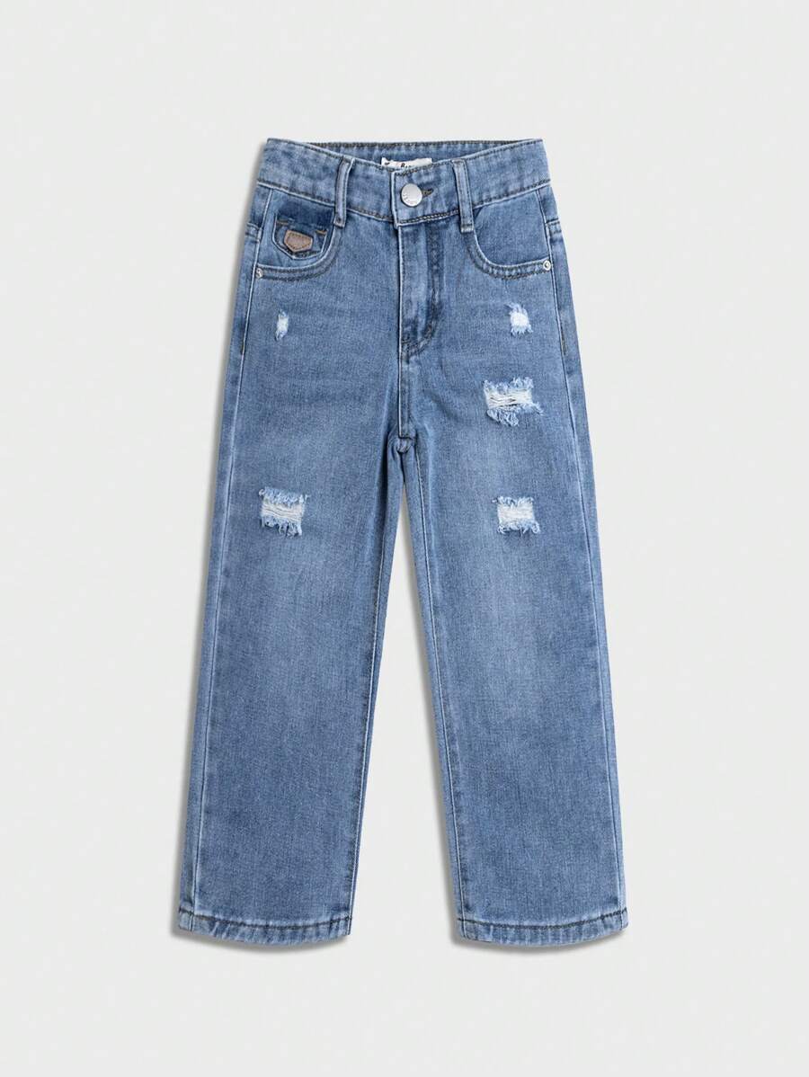 Denim für Kleine Mädchen mit mehrfach Abnutzung und Rissen, Streetstyle, verstellbarer elastischer Bund, Weitbein Hose, locker geschnitten, lässige Denim Hose