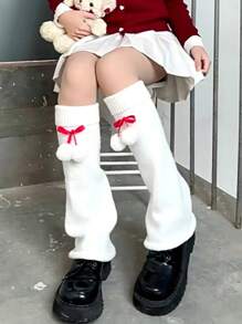 1 双女式秋冬针织洛丽塔喇叭腿套带绒球 - 紅色 - 查看 3