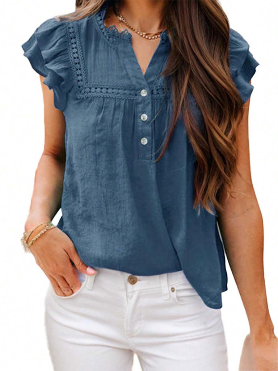 Women's Casual V Neck Short Sleeve Ruffles Shirts Blouse - Blue - View 1