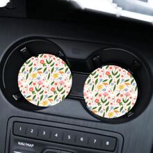 2 pièces Dessous de verre de voiture motif floral et feuilles mignon, tapis anti-dérapant de voiture, pour garder vos porte-gobelets de voiture propres et secs, accessoires de voiture