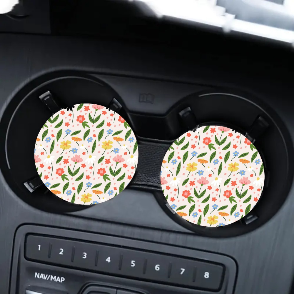 2 pièces Dessous de verre de voiture motif floral et feuilles mignon, tapis anti-dérapant de voiture, pour garder vos porte-gobelets de voiture propres et secs, accessoires de voiture