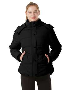 女士厚夹克新款冬季绗缝派克大衣带可拆卸兜帽，保暖加厚外套