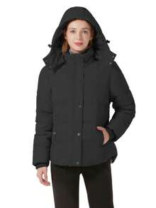 女士厚夹克新款冬季绗缝派克大衣带可拆卸兜帽，保暖加厚外套