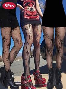 3 件装女士性感蛇纹动物图案渔网袜紧身裤袜骷髅成人袜子渔网连裤袜
