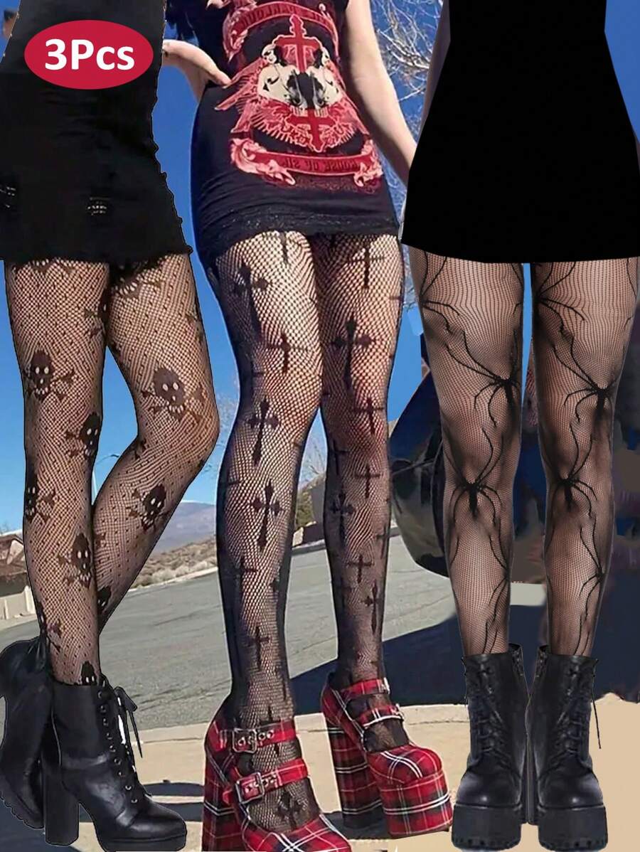 3 件装女士性感蛇纹动物图案渔网袜紧身裤袜骷髅成人袜子渔网连裤袜